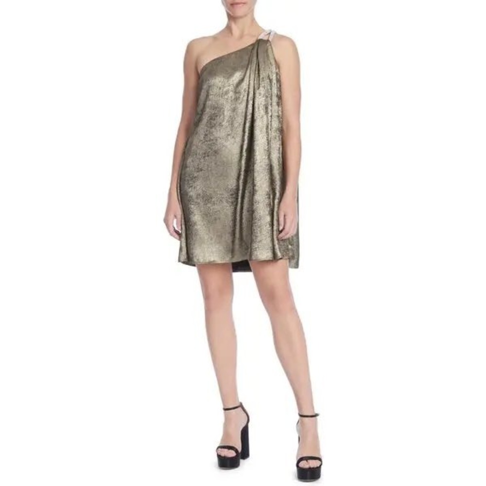 Badgley Mischka Gold Metallic One Shoulder Rhinestone Strap Dress Size 16 READ